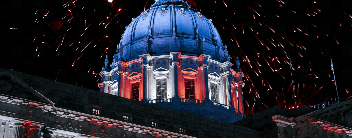 Fireworks over San Francisco City Hall in red, white and blue